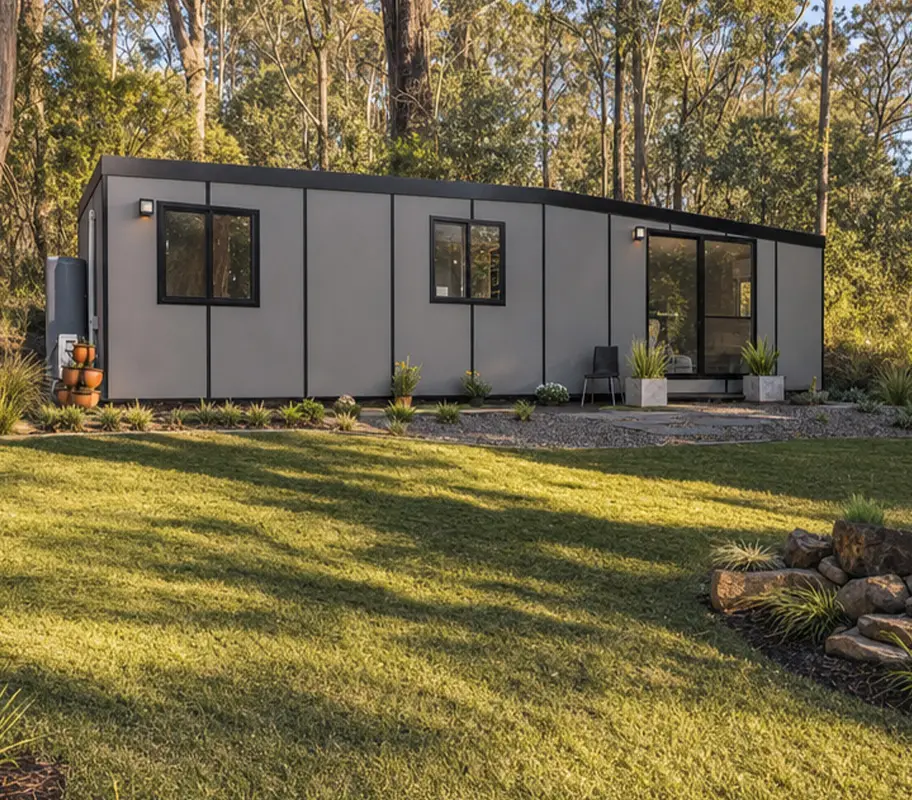 A grey MicroHome with black-framed windows and a glazed sliding door, sited on a lawn among gum trees with a gravel path and planters along its front.